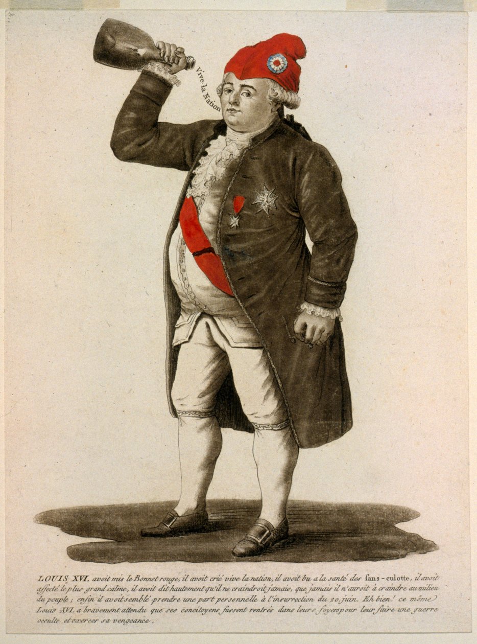 Ludvig XVI bär den röda kepsen och ropar "Länge leve nationen", pub 1792 (handfärgad etsning) av French School