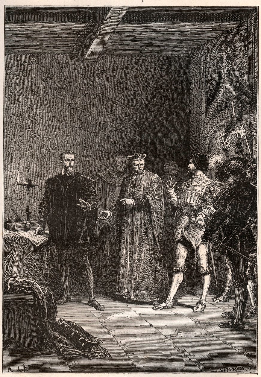 Louis de Berquin (1485-1529), riddare och humanist, religiös reformator, befriad av Jean de la Barre (1523-1533) prevot de Paris - Louis de Berquin (vänster) frigiven från fängelset av John de la Barre - gravyr från "" Frankrikes historia berättade för min av French School