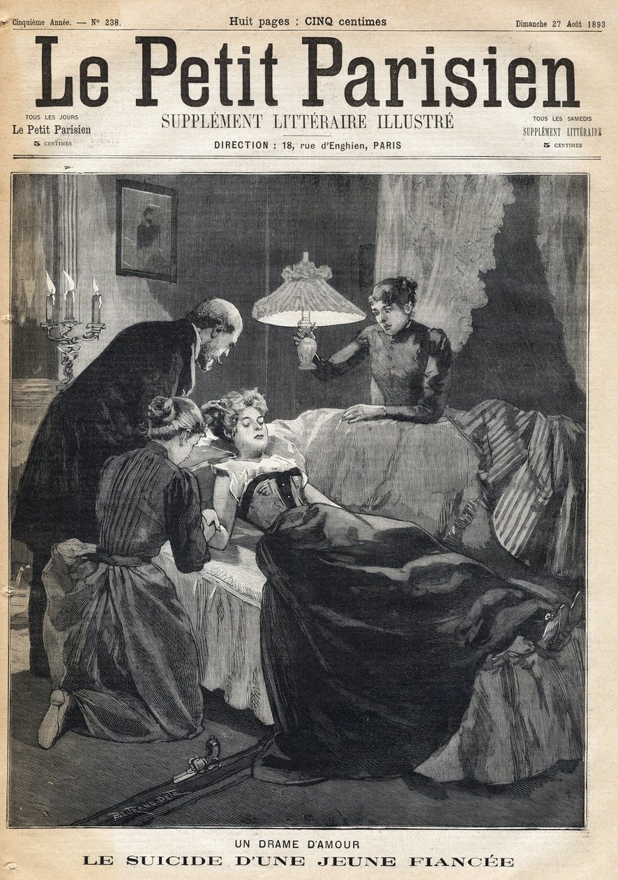 Kärleksdrama: Självmord av en 17-årig fästmö efter hennes mans död. En av tidningarna "Le petit Parisien"" den 27/08/1893 (gravyr) av French School