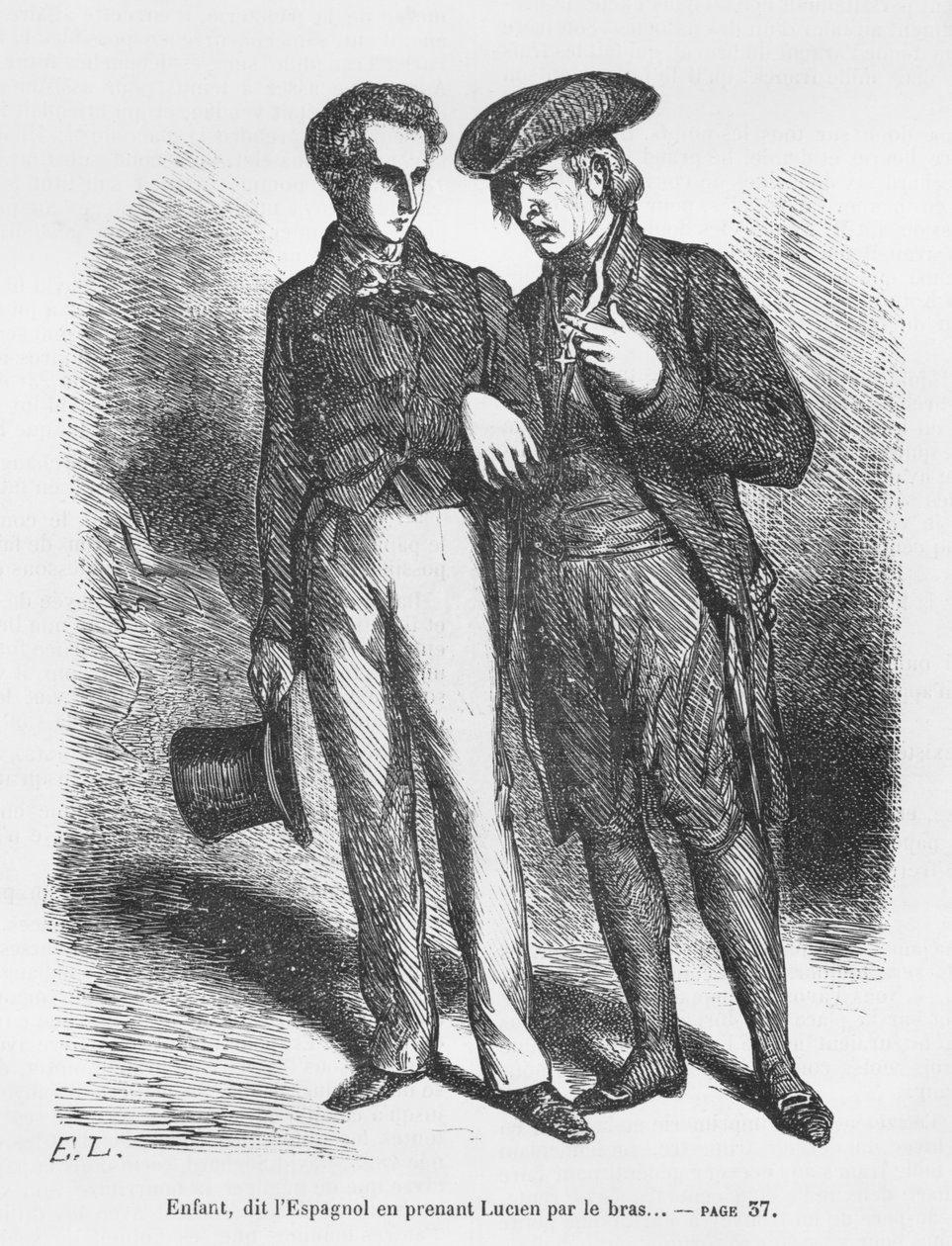 Lucien de Rubempre och Carlos Herrera, illustration från "Les Illusions perdues" av Honore de Balzac av French School