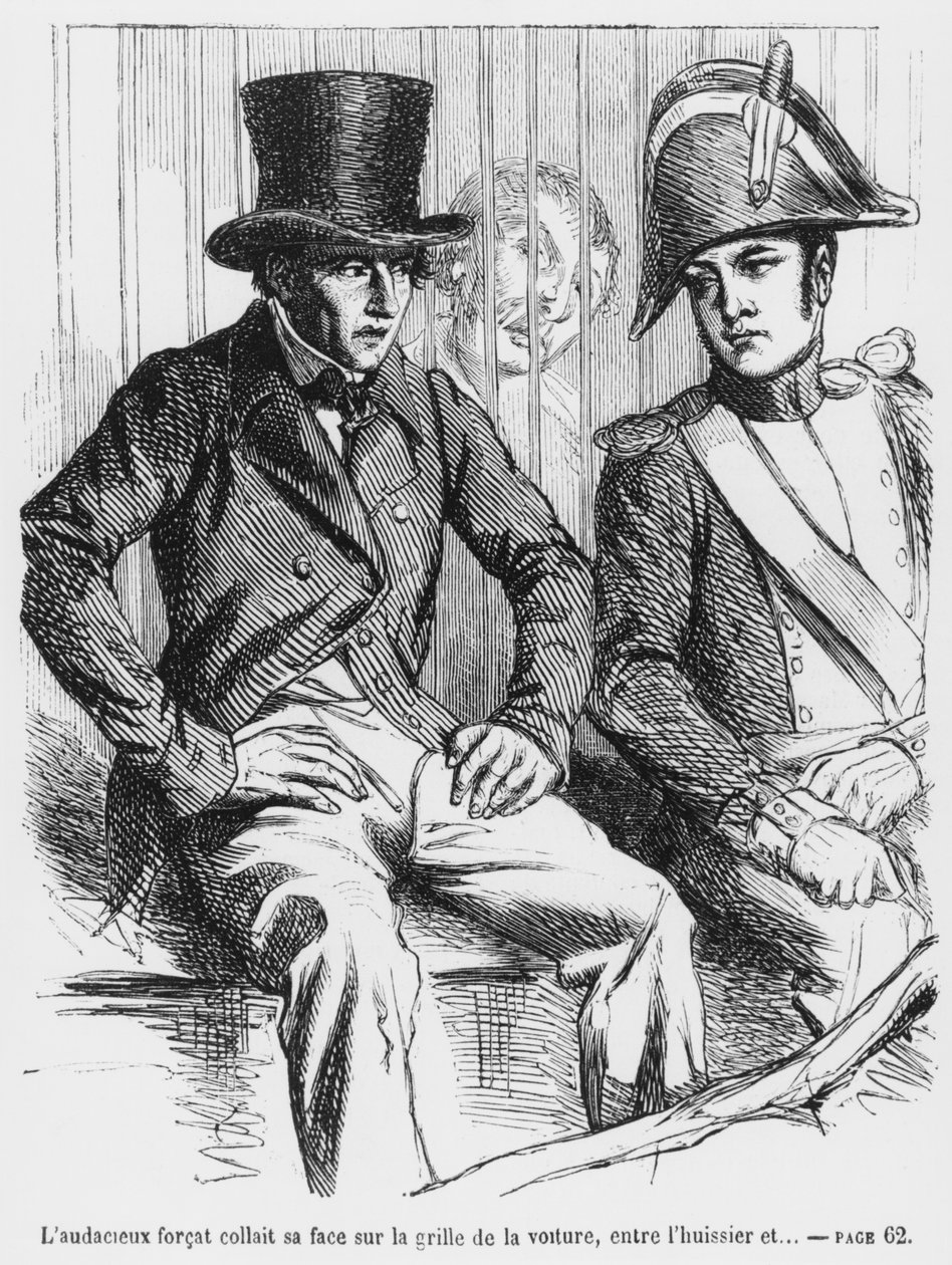Lucien de Rubempre och Vautrin arresterade, illustration från Splendeurs et Miseres des Courtisanes av Honore de Balzac, publicerad 1867 av French School