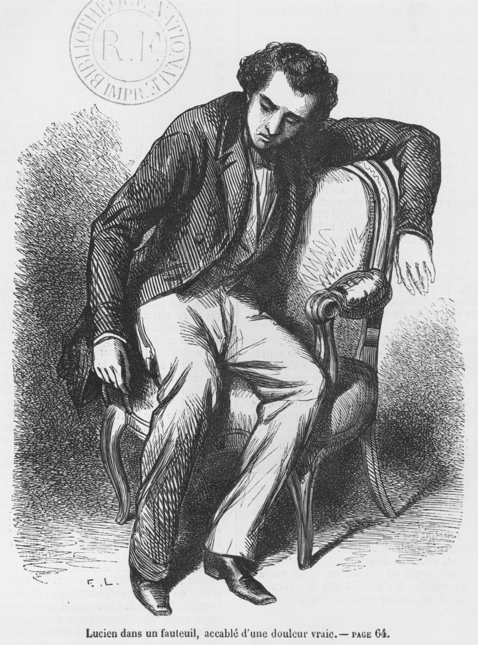 Lucien de Rubempre överväldigad av sorg, illustration från "Les Illusions perdues" av Honore de Balzac av French School