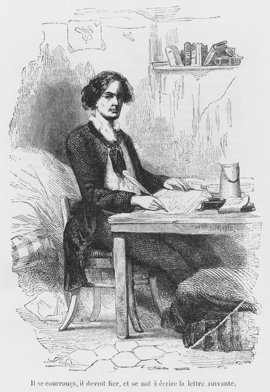 Lucien de Rubempre skriver ett brev, illustration från 