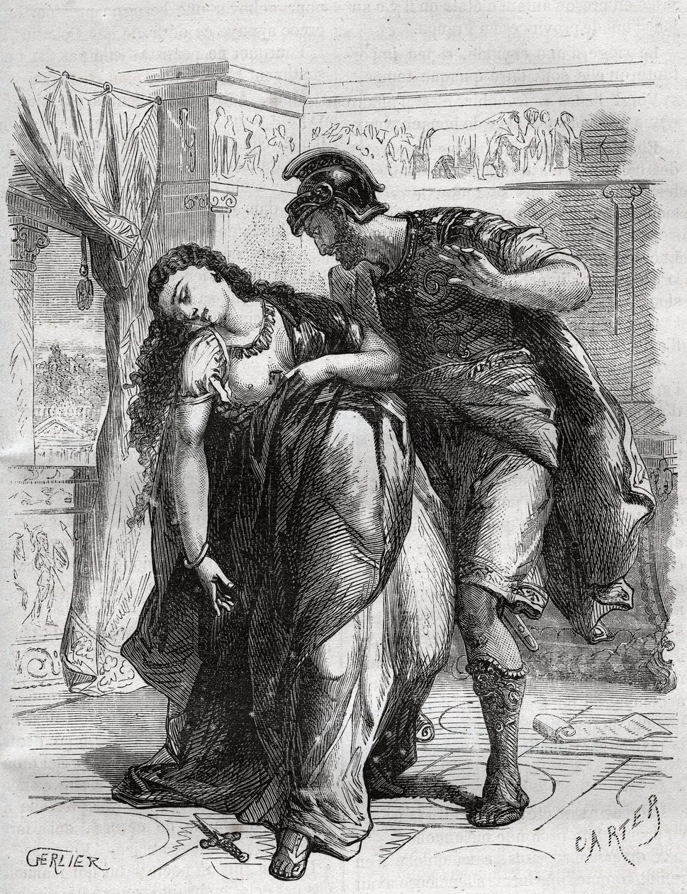 Lucreces död: Lucrece (Lucrezia, Lucretia, romersk dam från 600-talet f.Kr.) blev offer för våld av sin kusin Sextus Tarquin, son till Tarquin den Superb. Hon begick självmord inför sin man, Lucius Tarquinius Collatinus, känd som Ta av French School