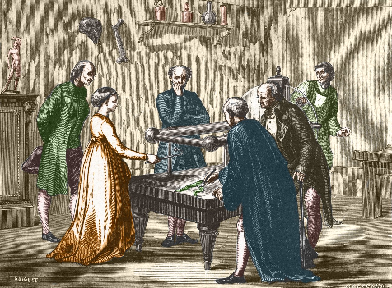 Luigi Galvani, professor i Bologna, upptäckte, 1780, irritabiliteten hos grodmusklerna av elektricitet - i "Album of Science; berömda vetenskapsmän; Stora upptäckter””” 1896. av French School