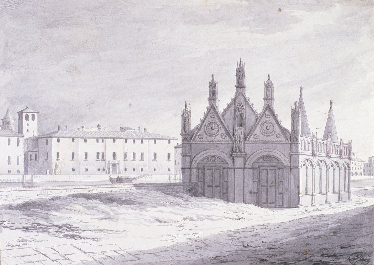 Lungarno, Santa Maria della Spina, Pisa (penna och bläck på papper) av French School