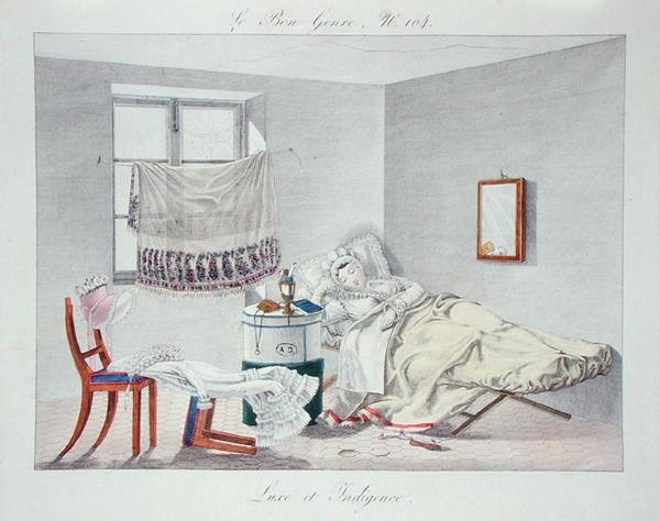Lyx och fattigdom, plansch 104 från "Le Bon Genre", början av 1800-talet (färggravyr) av French School