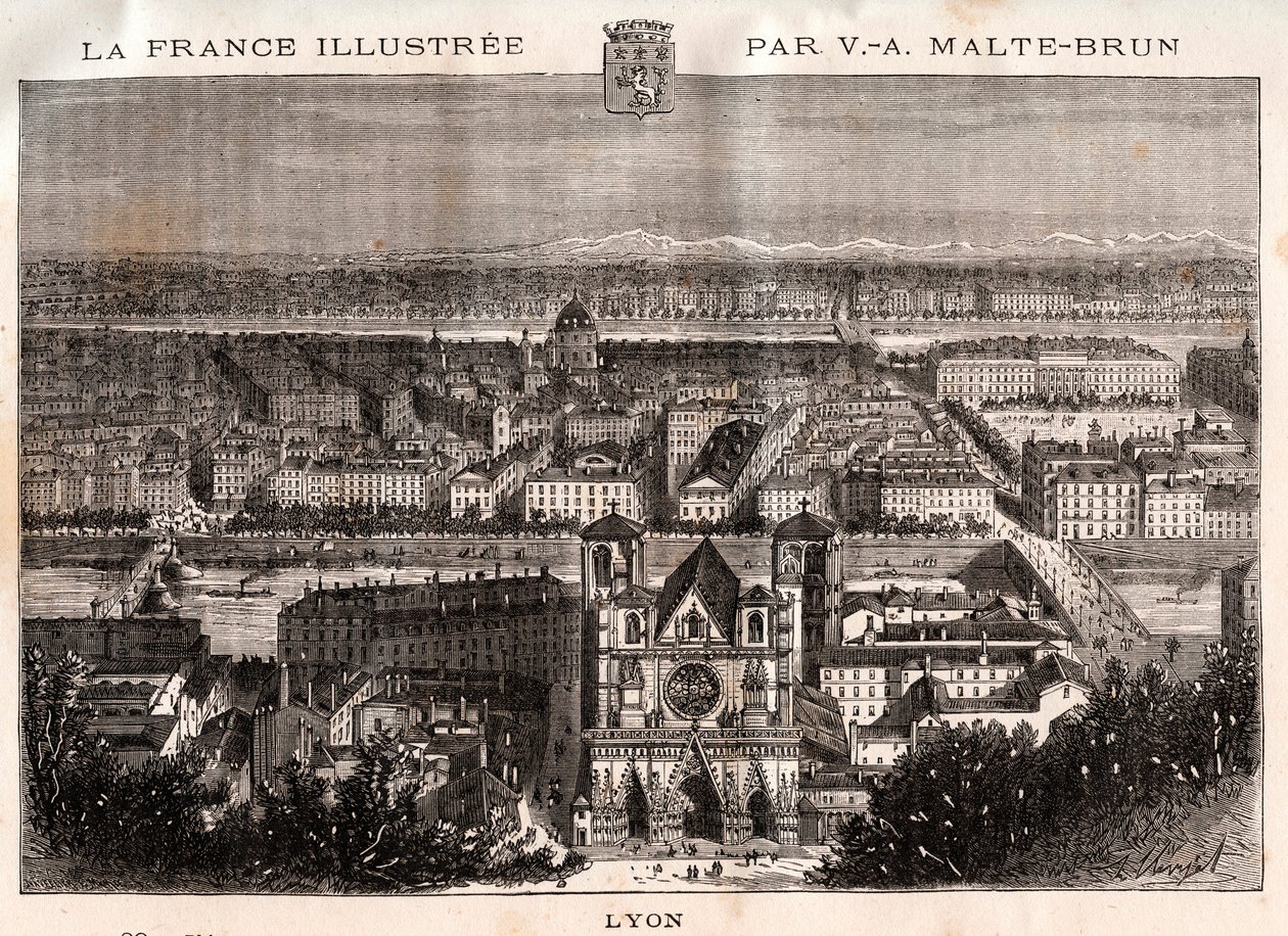 Lyon - gravyr i "La France illustrée: geografi, historia, statistisk administration" av V.A. Malt-Brown. 1884 av French School