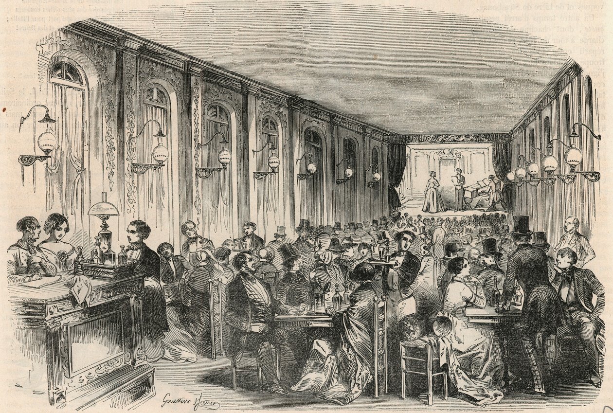 Lyriskt tryck av passagen Jouffroy i Paris på 1800-talet - Gravyr i "" Tableau-de-Paris"" av Edmond Texier 1852 av French School