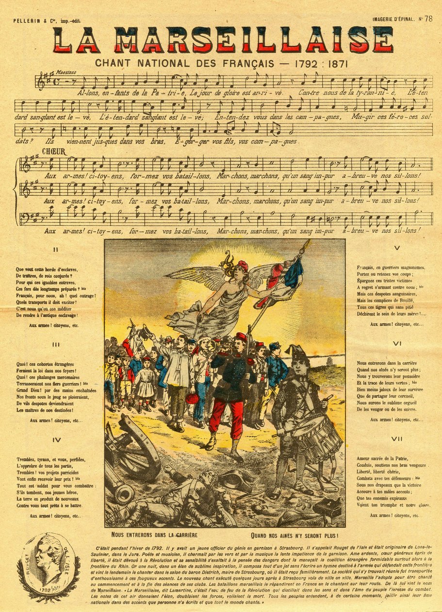Text och musik till Marseljäsen, den franska nationalsången komponerad av Rouget de Lisle (Rouget de L