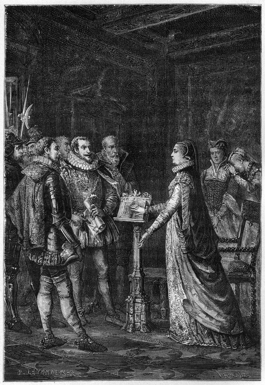 MARY STUART (1542-1587) Drottning av Skottland. Mary Stuart svär att hon aldrig har planerat att ta livet av drottning Elizabeth I av England - gravyr från "L