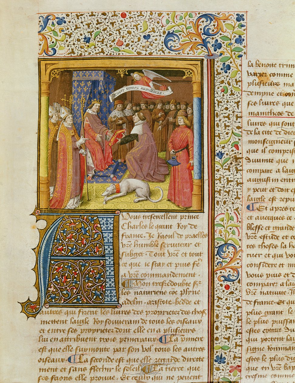 MS 246 f.1r Raoul de Presles presenterar sin översättning för Charles V (1338-80) från La Cite de Dieu av St. Augustine, översatt av Raoul de Presles (1316-82) c.1400-50 av French School