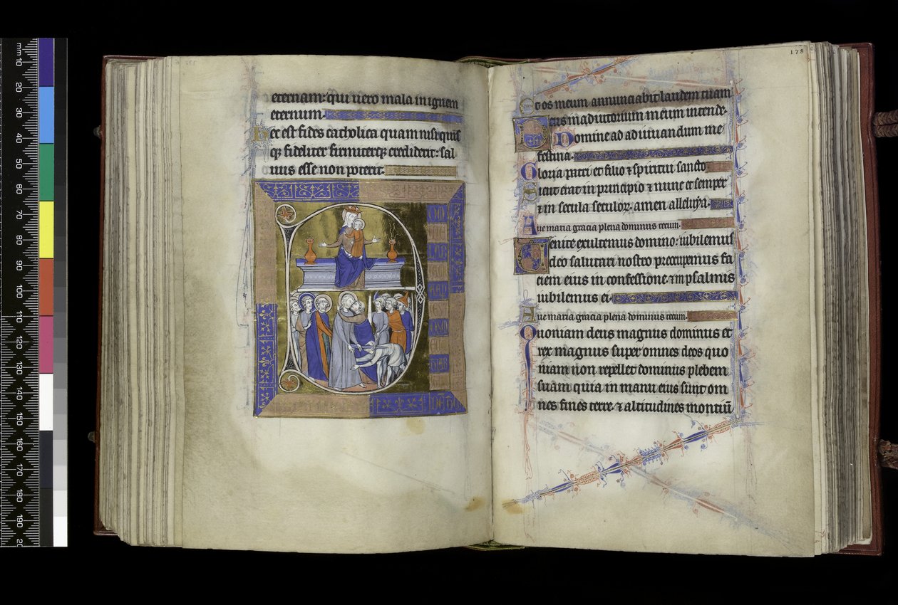 MS 300 f.177v-178r, Matins, Virgin and Child sittande mellan två vaser på bänken (ovan); Förräderi mot Kristus, med Judas som kysser Kristus, och St Peter skär av Malchus öra (nedan), från Isabellas psalter och timmar, Paris, ca 1265-70 (penna & av French School