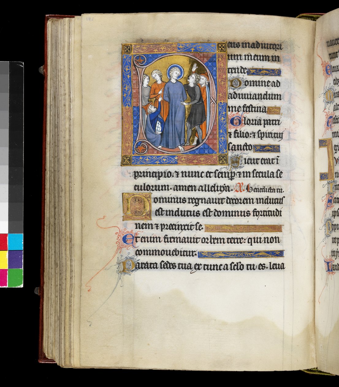 MS 300 f.191v, Mocking of Christ with Jesus, omgiven av plågoande, inklusive två män i judiska mössor, från Isabellas Psalter and Hours of France, Paris, c.1265-70 (penna & bläck och tempera på pergament) av French School