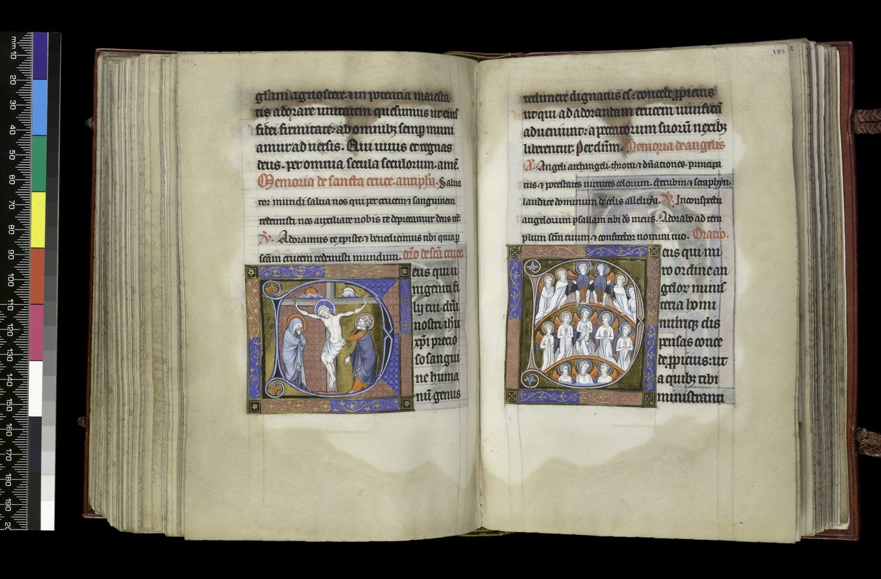 MS 300 f.198v-199r, Rösträtt till korset och rösträtt för änglar, från Isabellas psalter och timmar, Paris, ca 1265-70 (penna & bläck och tempera på pergament) av French School