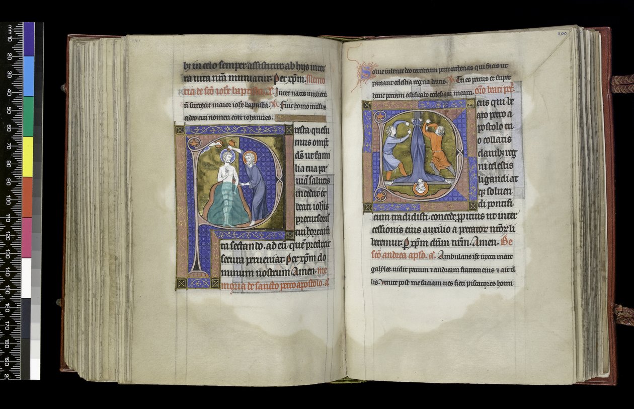 MS 300 f.199v-200r, Rösträtt för Johannes Döparen och Rösträtt för St. Peter, från Isabellas psalter och tider, Paris, c.1265-70 (penna & bläck och tempera på pergament) av French School