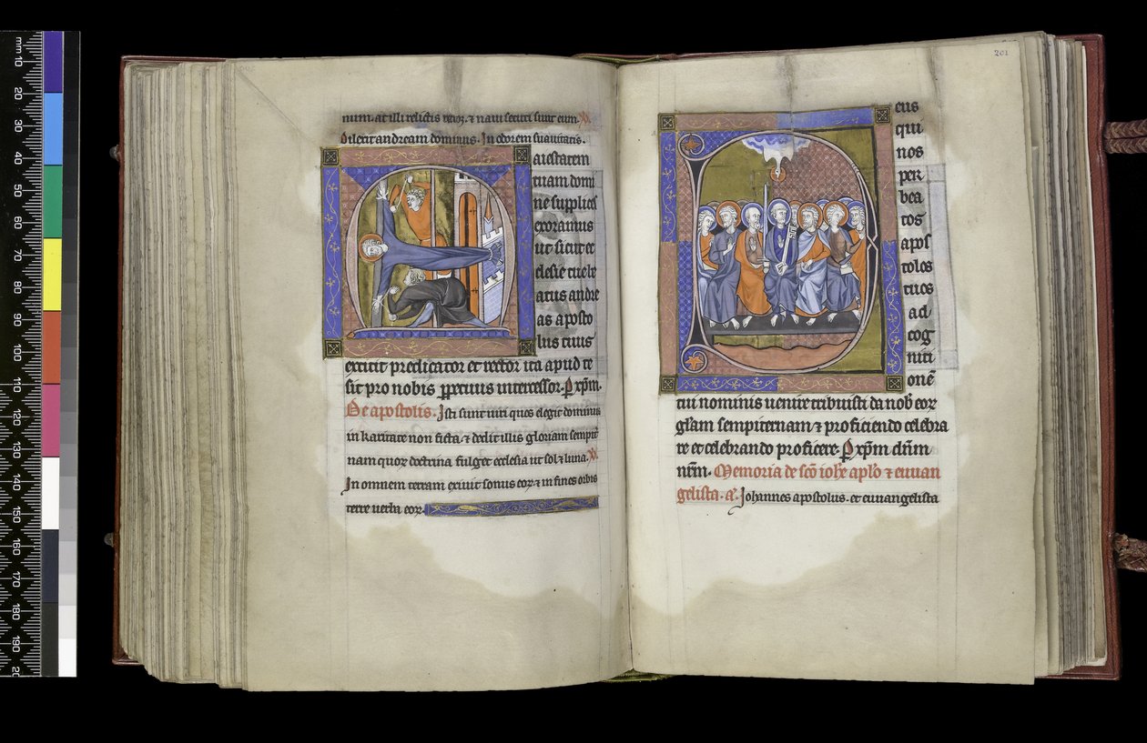 MS 300 f.200v-201r, Rösträtt för St Andrew och Rösträtt för apostlarna, från Isabellas psalter och timmar, Paris, ca 1265-70 av French School