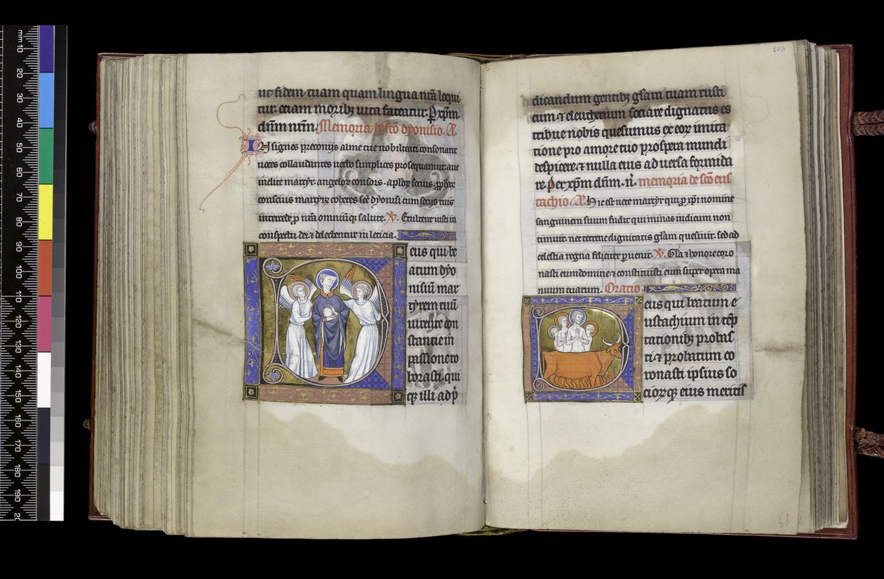 MS 300 f202v-203r, Rösträtt till St Denis och Rösträtt till St Eustace, från Isabella av Frankrikes psalter och timmar, Paris, ca 1265-70 av French School