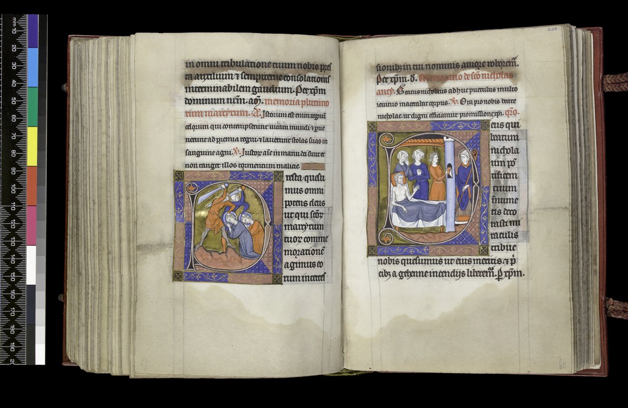 MS 300 f203v-204r, Rösträtt för martyrer och rösträtt för St Nicholas, folio från Isabellas psalter och timmar, Paris, ca 1265-70 av French School