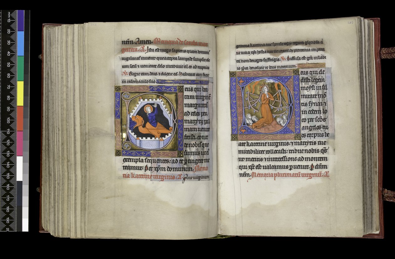 MS 300 f.206v-207r, Rösträtt för St. Margareta och Rösträtt för St. Katarina, från Isabellas psalter och timmar, Paris, c.1265-70 (penna & bläck och tempera på pergament) av French School