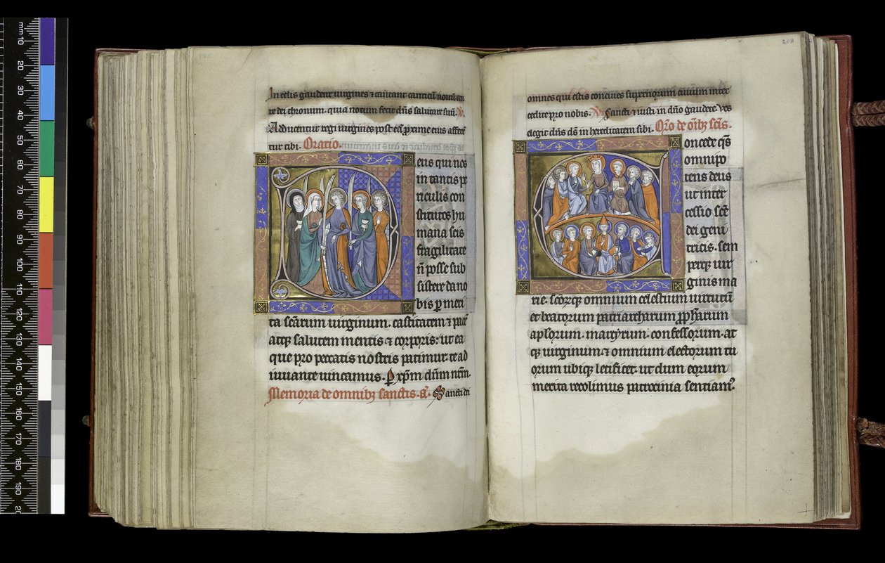 MS 300 f.207v-208r, Rösträtt för jungfrur och rösträtt åt alla helgon, från Isabellas psalter och timmar, Paris, c.1265-70 (penna & bläck och tempera på pergament) av French School