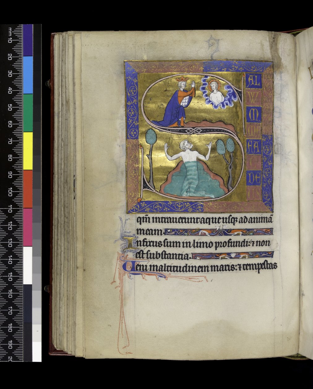 MS 300 f.70v, David ber till Gud (ovan), David sjunker i vatten (nedan), från Psalter and Hours of Isabella of France, Paris, c.1265-70 (penna & bläck och tempera på pergament) av French School