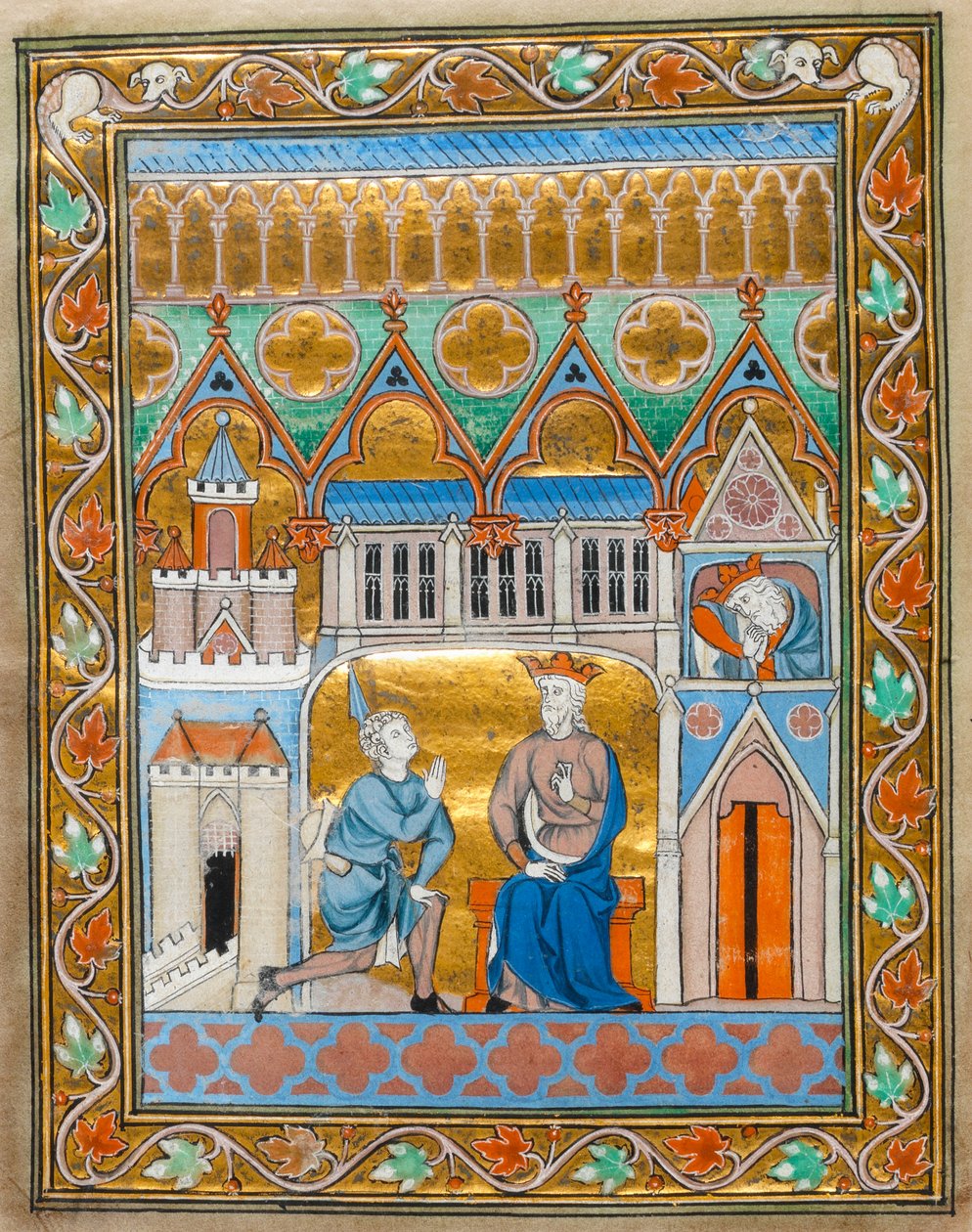 MS 300 fol.VIIi Kung David tar emot nyheten om Absaloms död, från Isabelle av Frankrikes psaltartimmar, ca 1255 av French School
