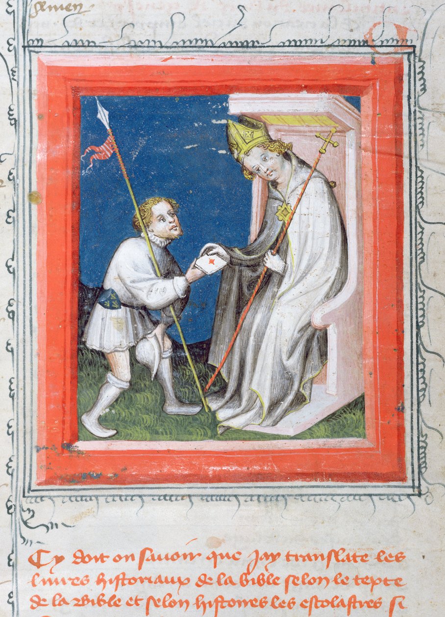 MS 313 Budbärare ger ett brev från kungen av Frankrike till en biskop, miniatyr från Bible de Guiart des Moulins av French School
