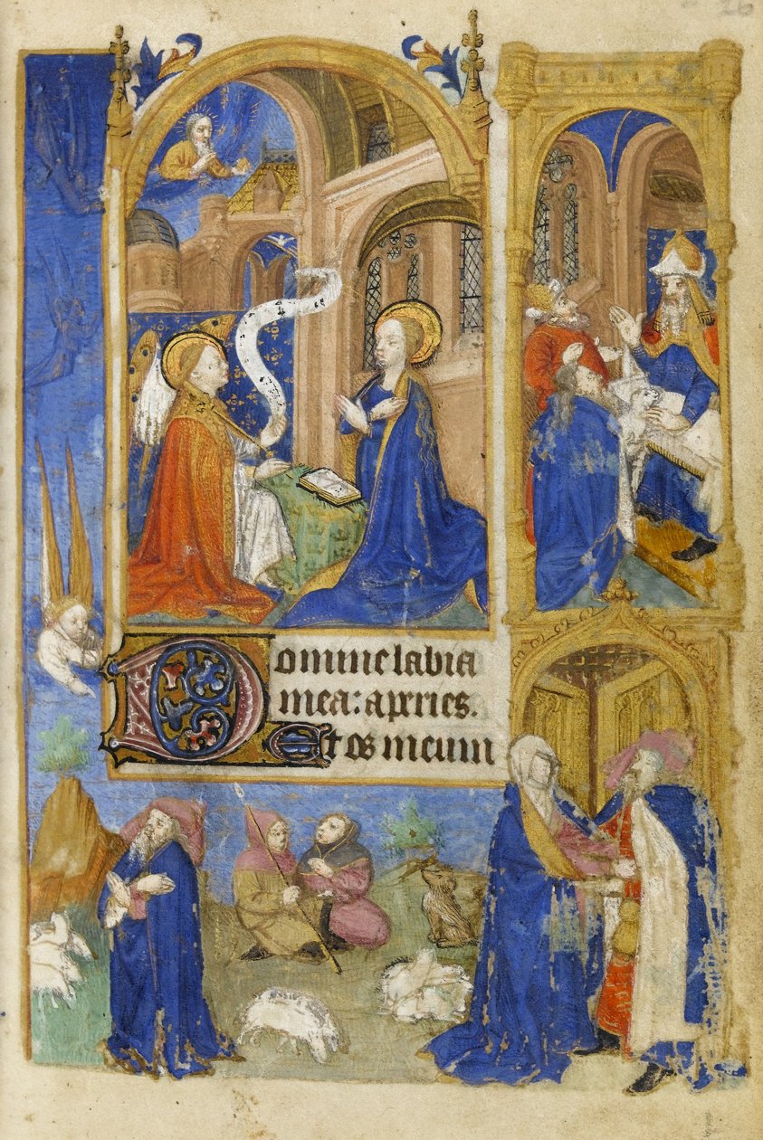 MS 39-1950 f.26r The Annunciation and Annunciation to the Shepherds, 1464 (guld, silver & färgat bläck på pergament) av French School