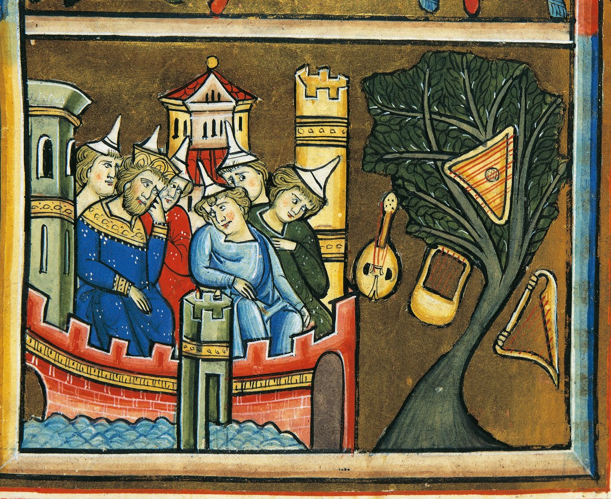 MS CXXXVII fol. 139v, Sörjande judar i Babylon, från Sankt Elizabeths psalter (tempera & bladguld på veläng) av French School