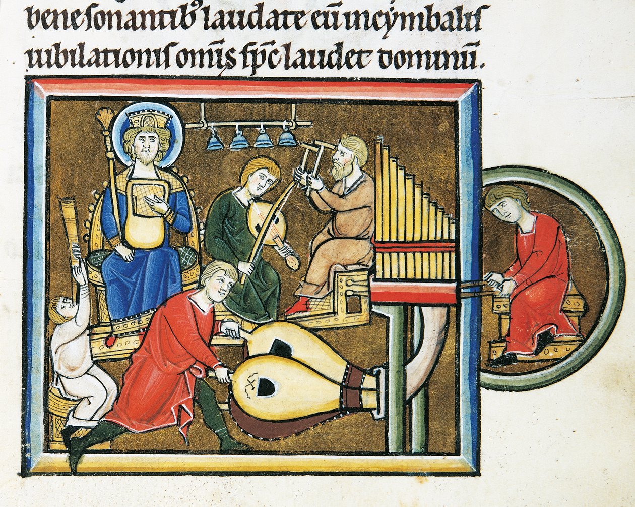 MS CXXXVII fol. 149r, kung David håller i psaltaren och musiker spelar, från psaltaren från Saint Elizabeth (tempera & bladguld på veläng) av French School