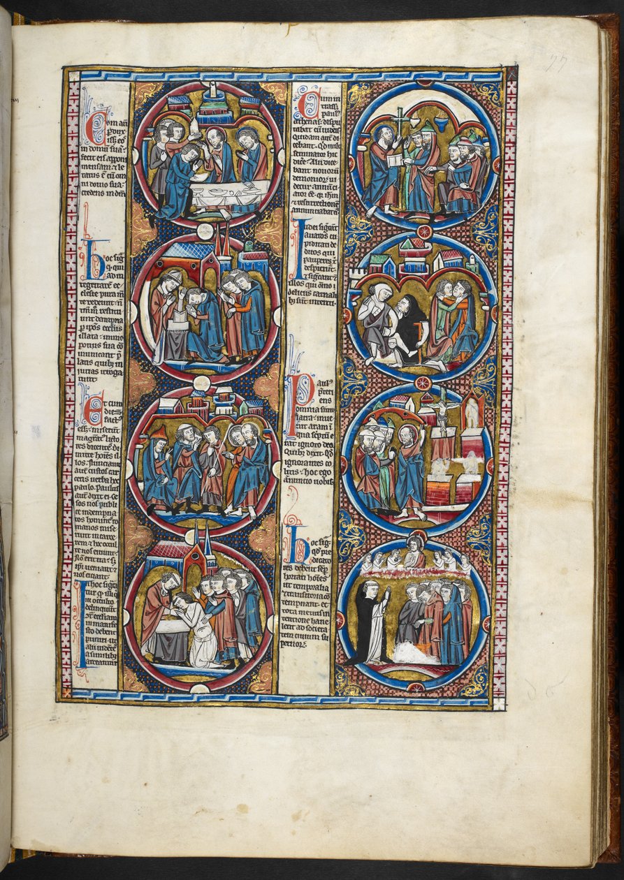 FRÖKEN. Harley 1527, f.77r, miniatyrer från Bible moralisée (vellum) av French School