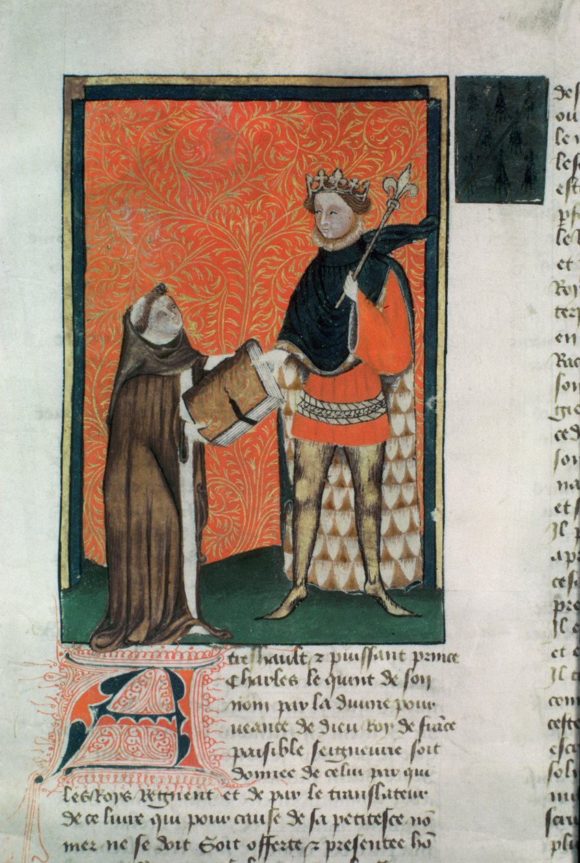 MS Hunter 8 f.9r Översättaren Courbichon presenterar boken för Charles V av French School