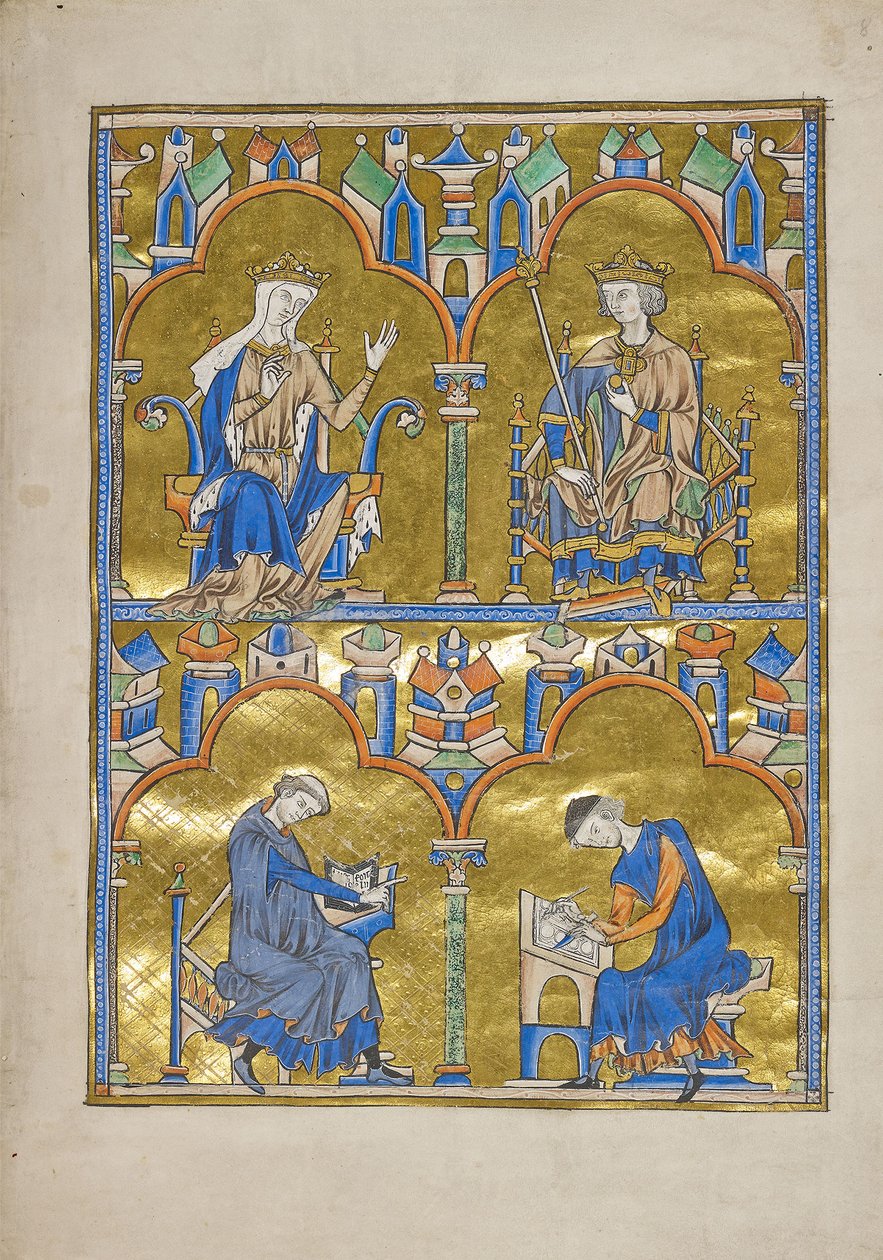 MS M.240 f.8r, Blanche av Kastilien och kung Ludvig IX av Frankrike och nedan: Författare som dikterar till en skriftlärare, Bibeln från Saint Louis (moraliserad bibel), troligen Paris av French School