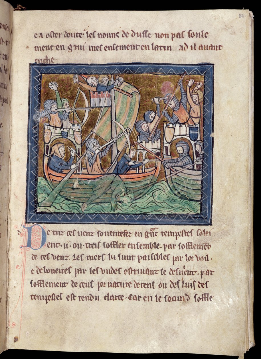 MS Marlay Lägg till 1 f.86 Sida med text med belysning av ett sjöslag, från De Re Militari, c.1270 av French School
