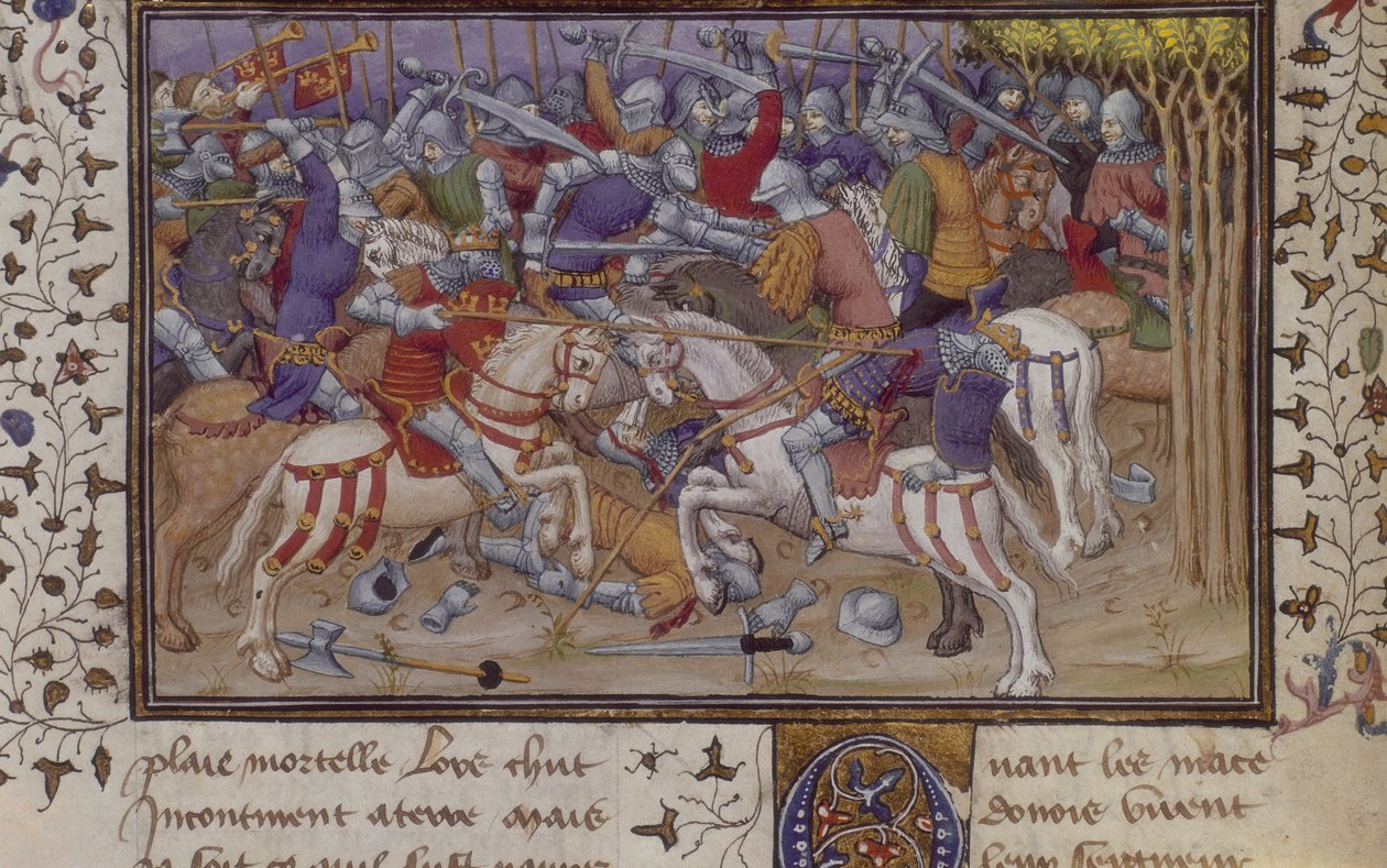 MS Royal 20 B.XX fol.16v Filips nederlag av Pausanias, med beridna riddare som slåss, från 