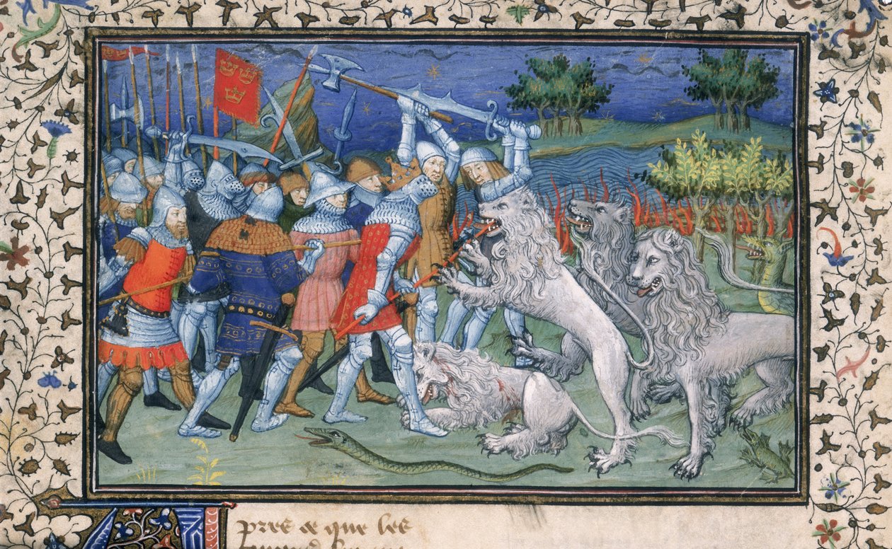 MS Royal 20 B.XX fol.50v Alexander den store (356-323 f.Kr.) strider med vita lejon, från 