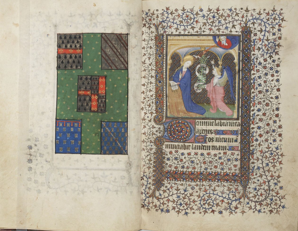 MS Widener 4, ff.26v-27r, Coat of Arms and the Annunciation, from a Book of Hours, användning av Rennes, c.1405 (penna & bläck och tempera på veläng) av French School