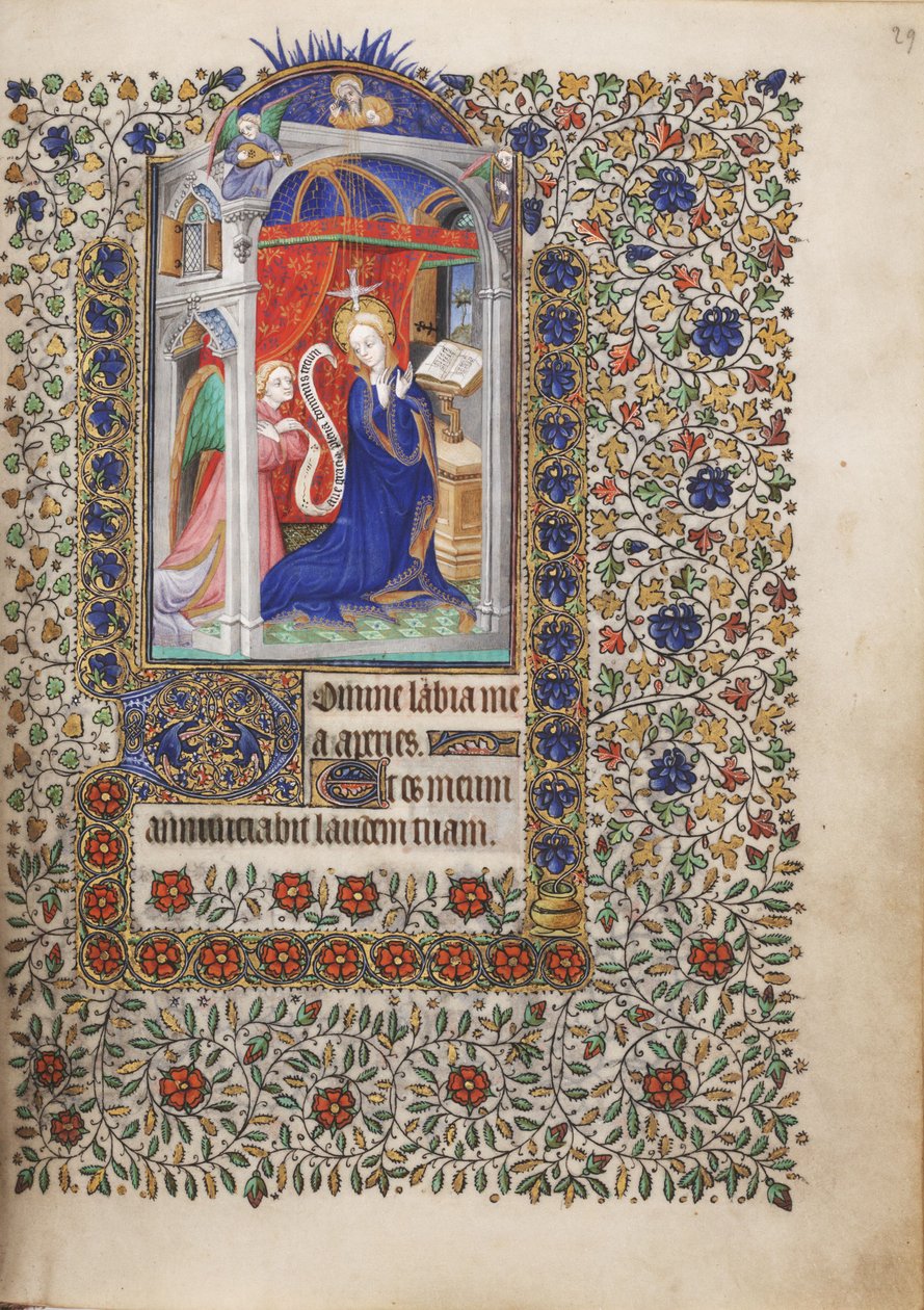 MS Widener 6 f.29r, Annunciation, from a Book of Hours, användning av Paris av French School