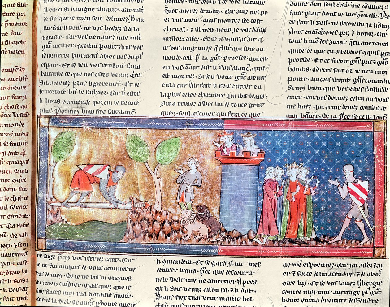 M. 806 f.166 Lancelot bevisar sin kärlek till Guinevere genom att korsa en flod överbryggad av ett skarpt svärd, från Roman de Lancelot du Lac, 1344 av French School