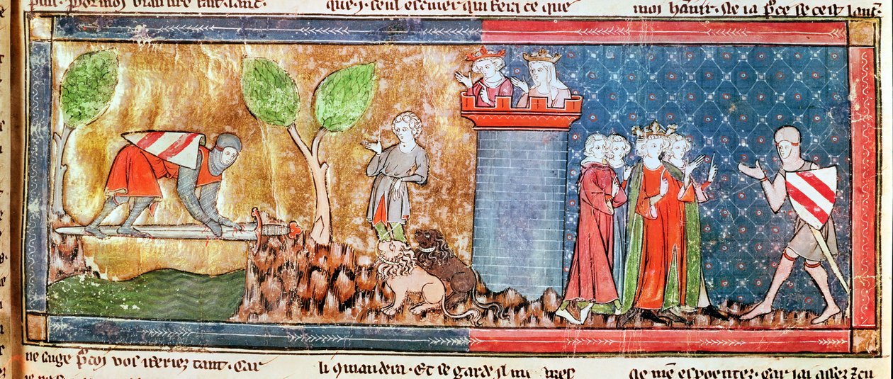 M. 806 f.166 Lancelot bevisar sin kärlek till Guinevere genom att korsa en flod överbryggad av ett skarpt svärd, från Roman de Lancelot du Lac, 1344 av French School