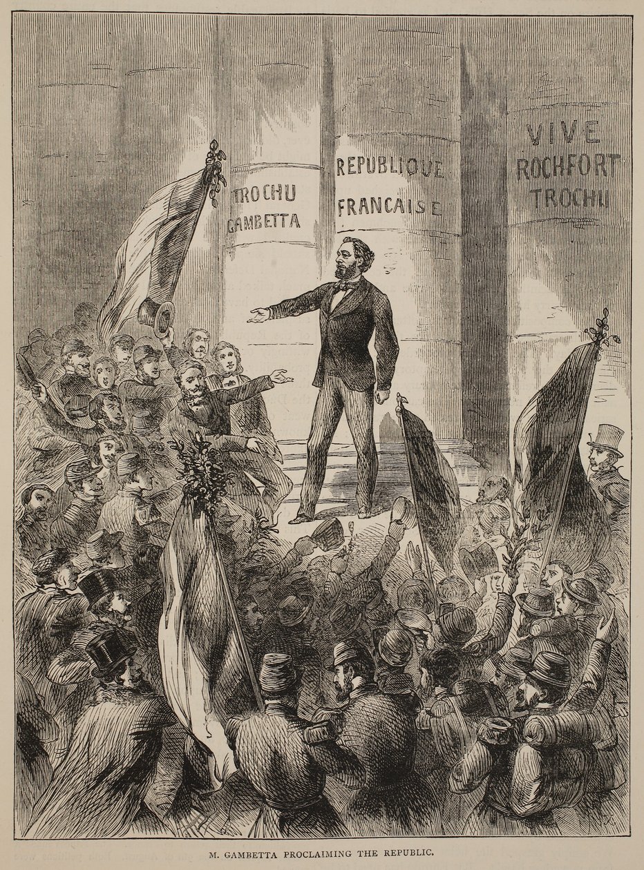 M. Gambetta proklamerar republiken, september 1870, illustration från Cassells historia om kriget mellan Frankrike och Tyskland, 1870-1871 av French School