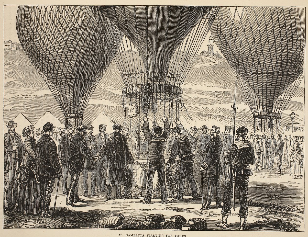 M. Gambetta börjar för Tours, illustration från Cassells historia om kriget mellan Frankrike och Tyskland, 1870-1871 av French School