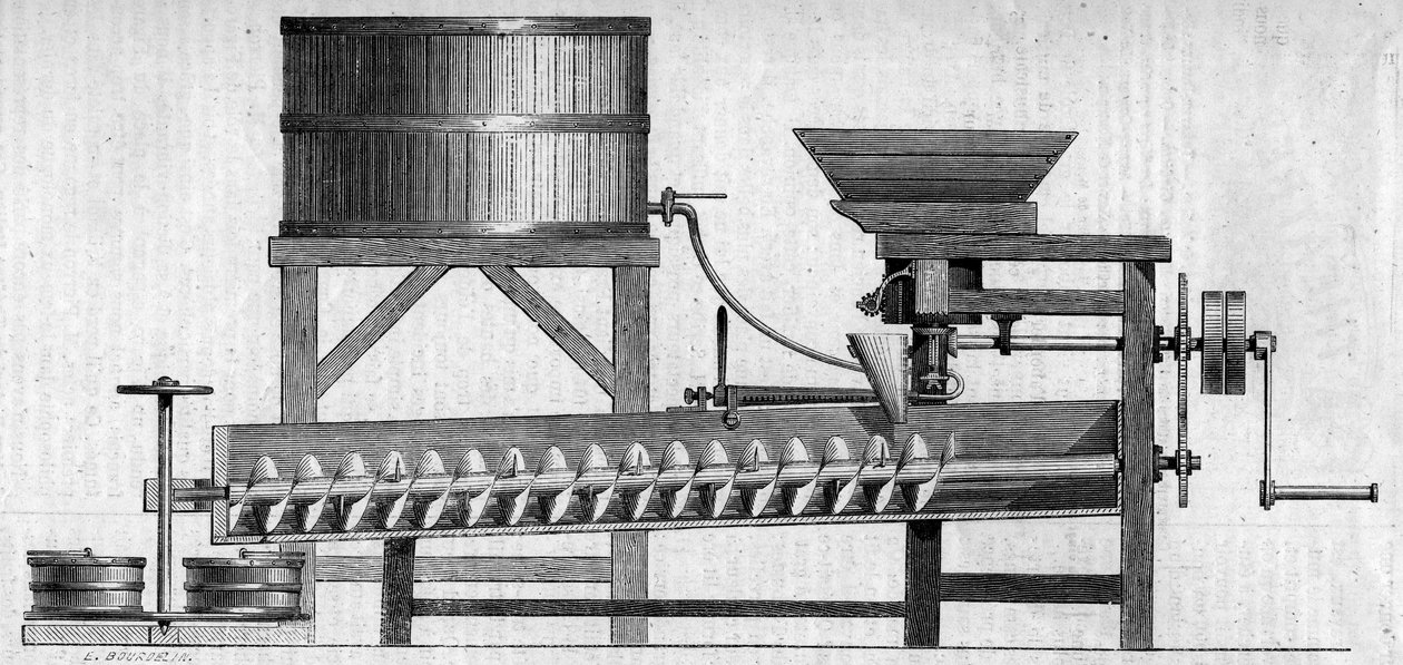 Maskin för tillverkning av betongbruk. Gravyr i "" Le Monde Illustré"" nr 55 av 1 maj 1858. av French School