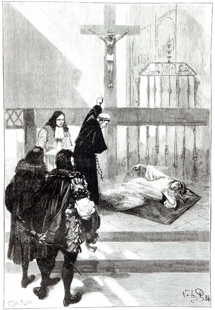 Madame de Sazilles exorcieras i närvaro av hertig Gaston dOrleans, illustration för Louduns besatta i Les Mysteres de la Science av Louis Figuier, 1886 av French School