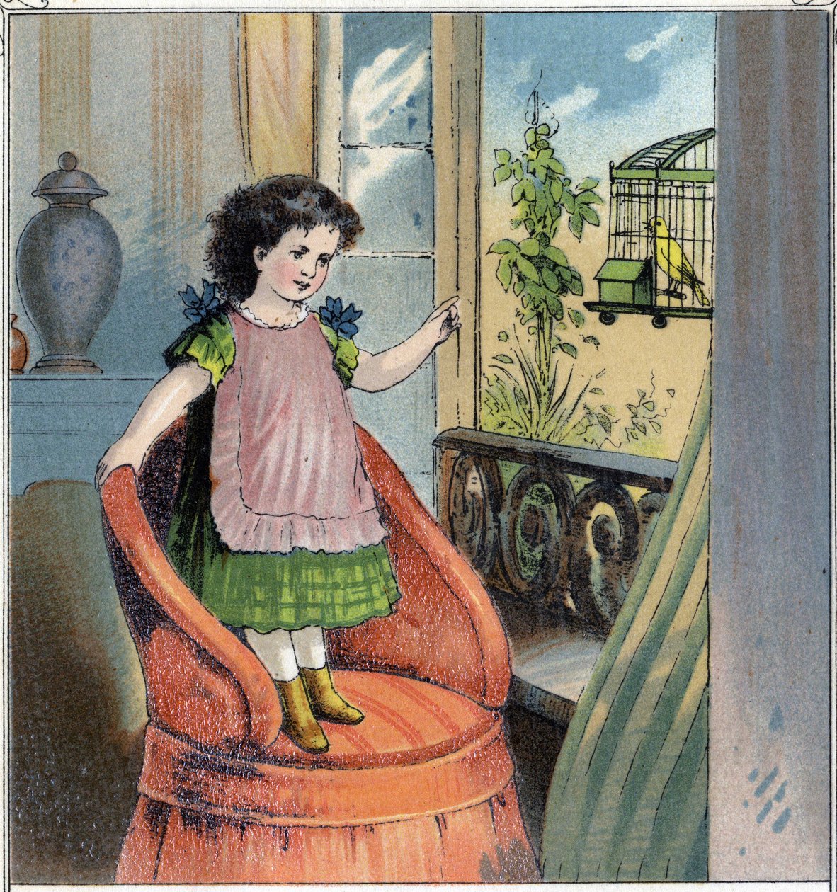Madeleine, den lilla flickan, fick en serin på sin födelsedag: den här är i en bur och trots den tillgivenhet som barnet bär honom ångrar han sin frihet och känner sig fången. Kromolitografi från "Childhood Scenes". Edition Guerin - Muller cirka 1885. av French School