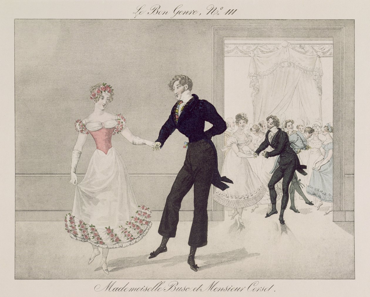 Mademoiselle Busc and Monsieur Corset, plåt 111 från le Bon Genre, ca 1810 (färggravyr) av French School