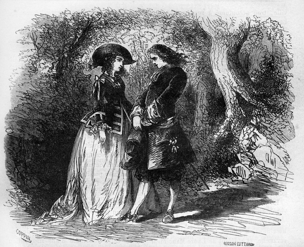 Mademoiselle de Pons träffade sin unga älskare Malicorne omkring 1653. Gravyr i "Prostitutionens och utsvävningens historia bland alla världens folk från antiken till våra dagar" av Dr Th. -F. Debray. 1879. av French School