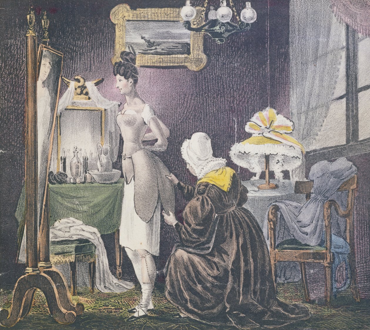 Pigan som hjälper sin älskarinna att klä sig i vaddering för bröst och botten, ca 1830 av French School