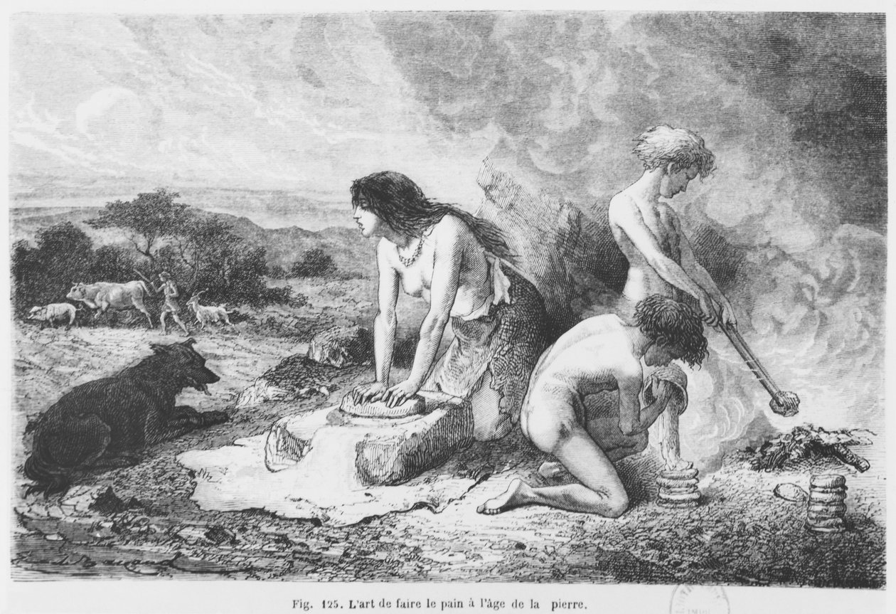 Att göra bröd på stenåldern, illustration från LHomme Primitif av Louis Figuier, utgiven av Hachette, 1870 av French School